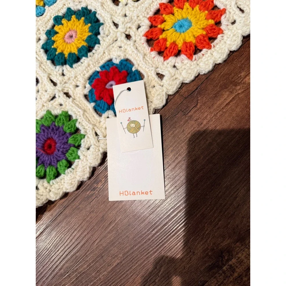 HBlanket Crochet Floral Granny Square Throw Blanket Multicolor Boho Cream NEW